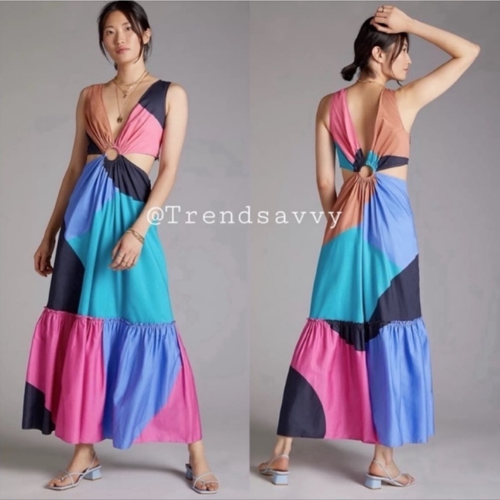 Anthropologie Geisha Designs Colorblocked Cutout Maxi Dress Piink Plus 14 Nwt